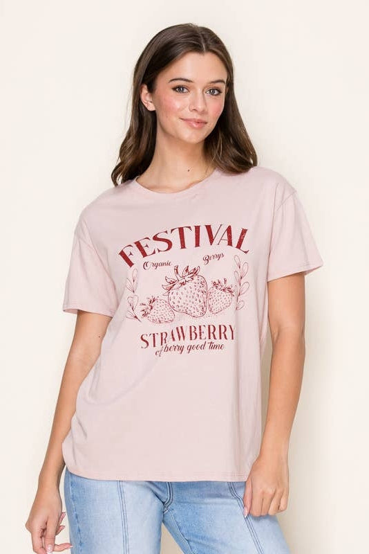 Light pink crew-neck T-shirt with red festival text and strawberry illustration