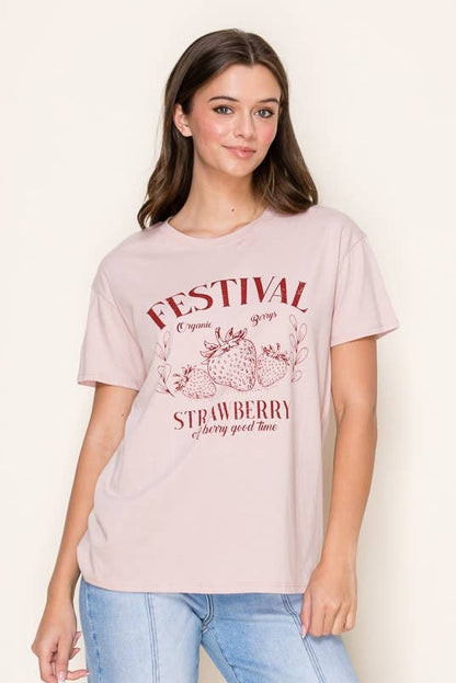 Light pink crew-neck T-shirt with red festival text and strawberry illustration