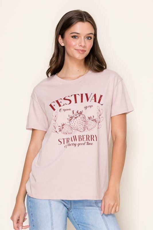Light pink crew-neck T-shirt with red festival text and strawberry illustration