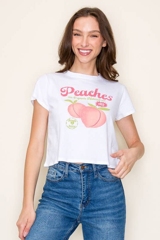 White crop T-shirt with pink peaches graphic and short sleeves
