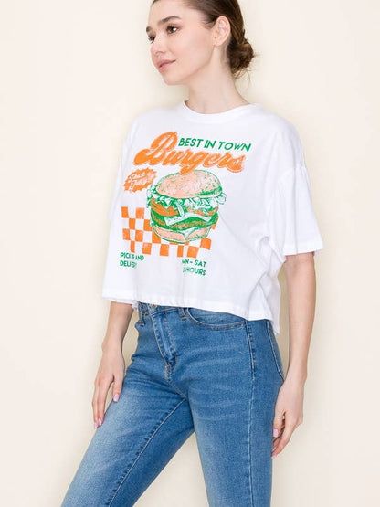 White burger graphic T-shirt with Best in Town Burgers logo and checkered pattern