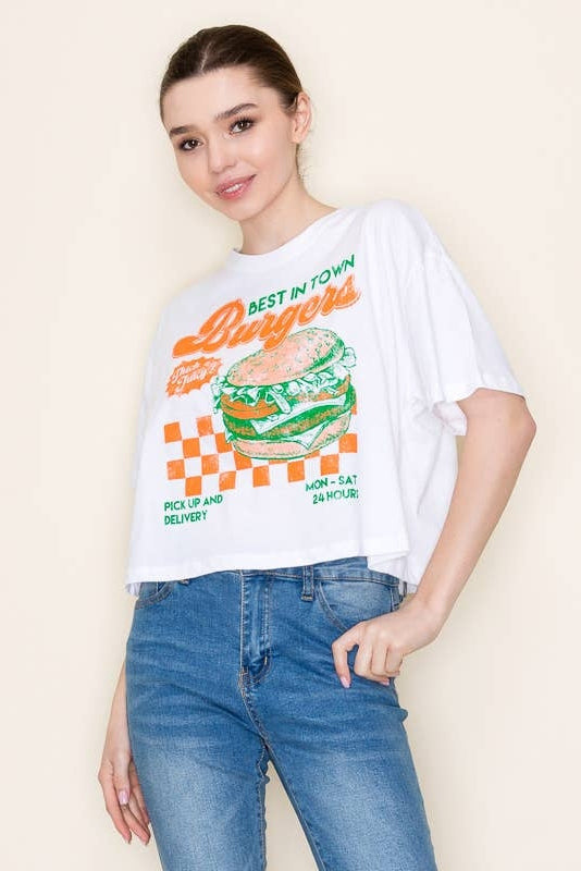 White burger graphic T-shirt with Best in Town Burgers text