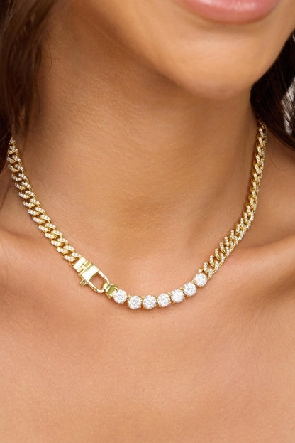Gold-tone tennis necklace with white stones and square link clasp