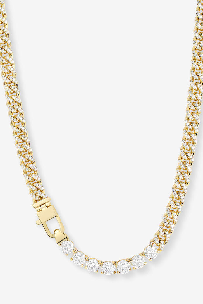 Gold-tone tennis necklace with white stones and square link clasp