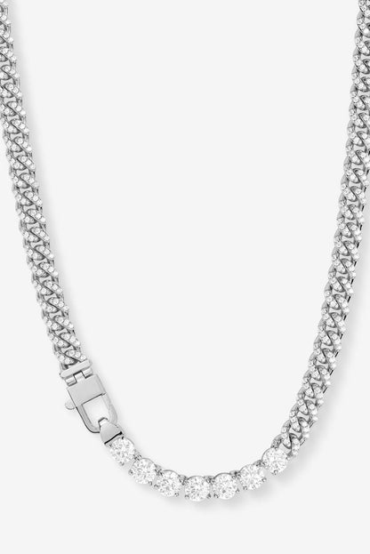 Silver-tone tennis necklace with white pavé stones and side square clasp detail