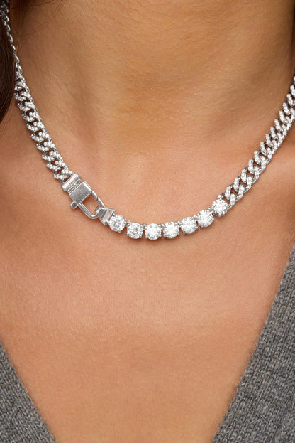 Silver-tone tennis necklace with white stones and square link clasp at neckline