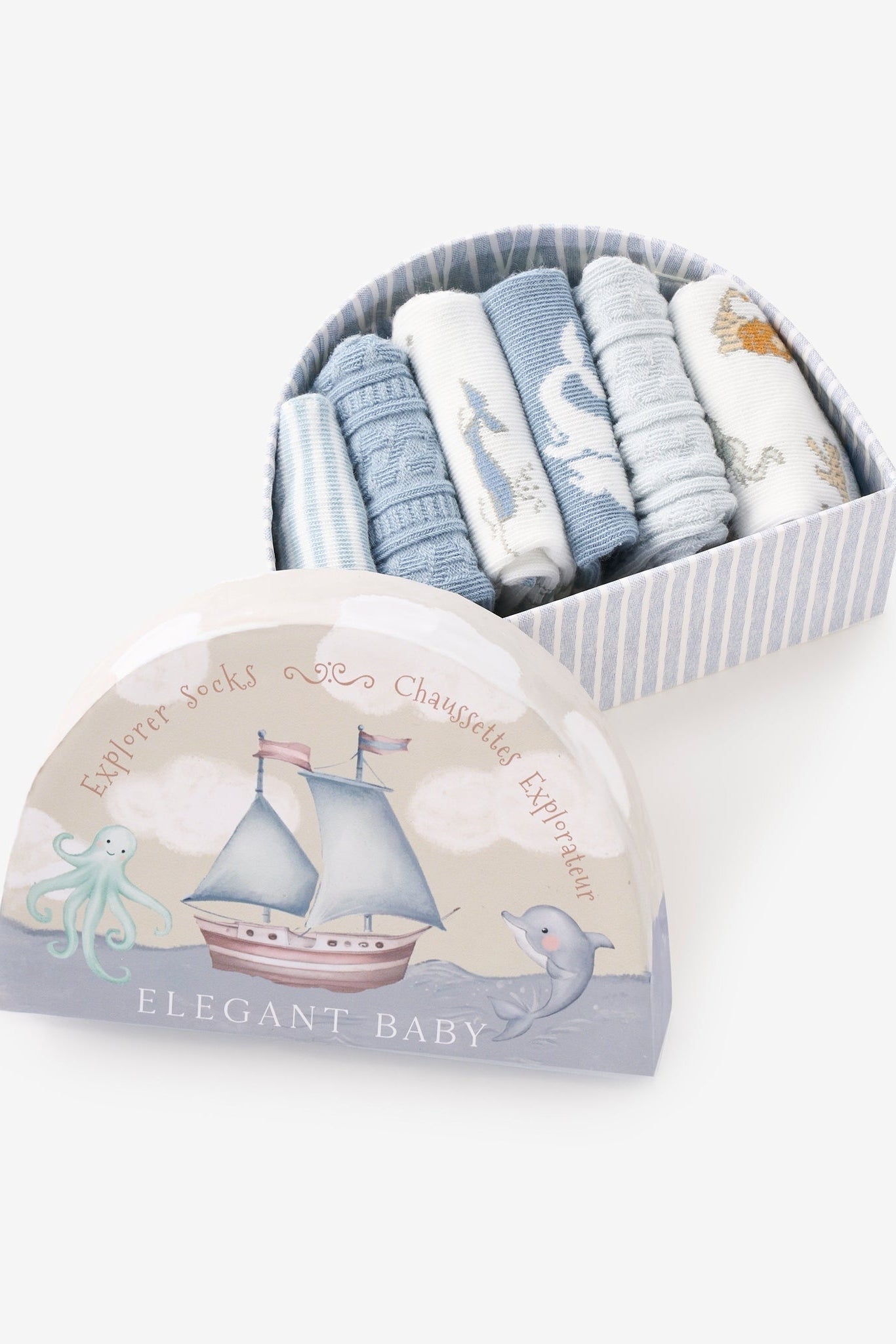 Baby socks set in light blue, patterned with animals, shown in a gift wrap box