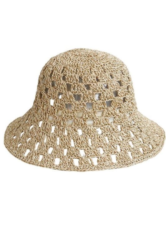 Natural crochet open-knit bucket hat with wide brim