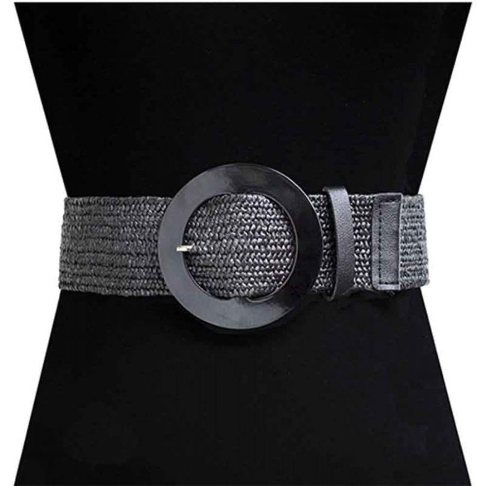 Dark woven belt with round clear buckle and textured strap