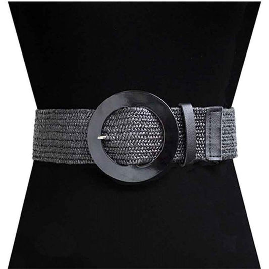 Dark woven belt with round clear buckle and textured strap