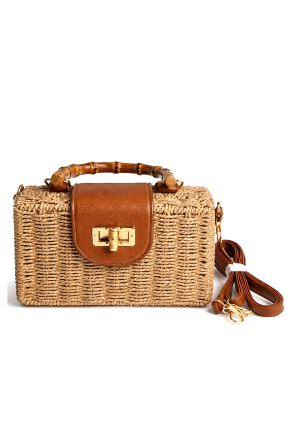 Woven straw bamboo bag in khaki with brown leather flap and shoulder strap