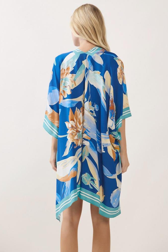 Blue floral print kimono with draped back and border stripes