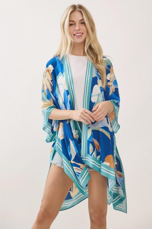 Floral print kimono in blue with painterly leaves and striped border