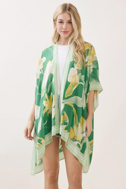 Green floral print kimono with yellow blossoms and light striped center