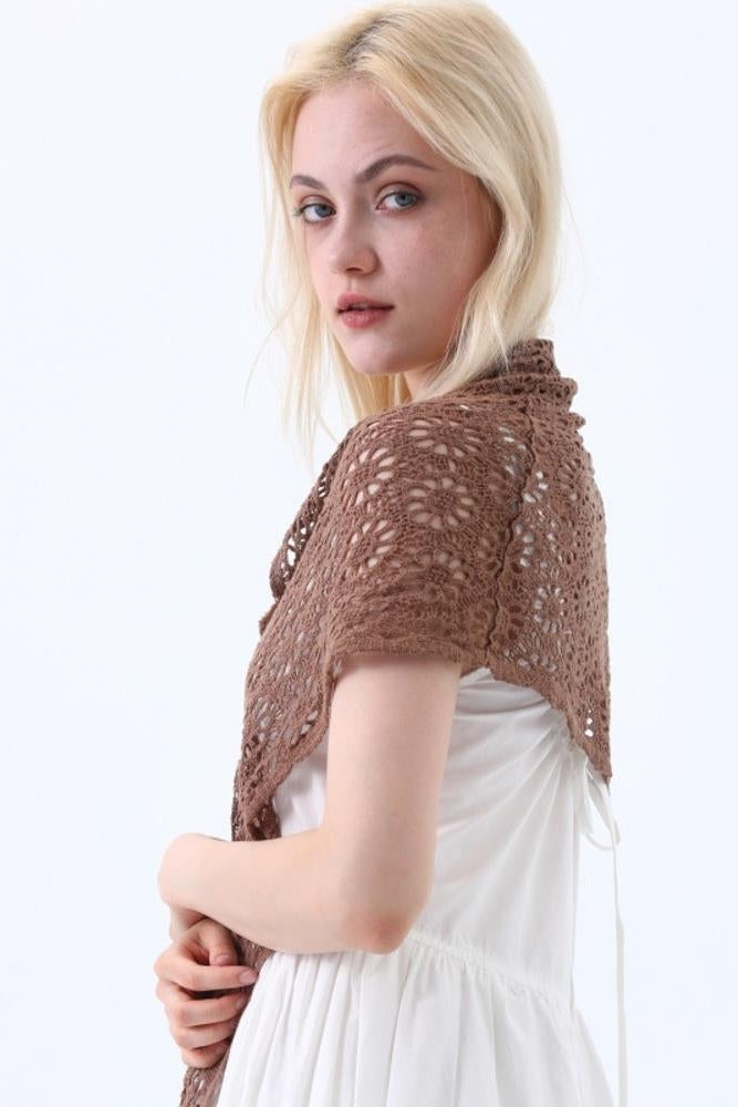 Mocha boho crochet lace shawl with floral openwork, draped on one side
