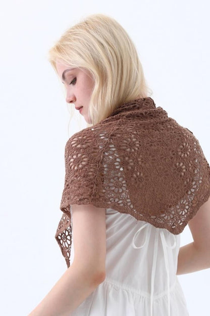 Mocha boho crochet lace shawl, back view with round floral openwork