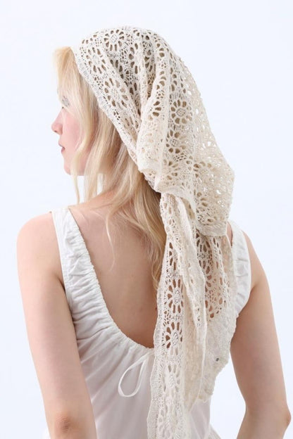 Natural boho crochet lace shawl, off-white openwork with head and neck drape