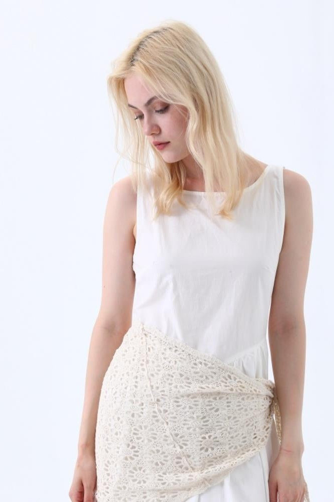 Natural boho crochet lace shawl, off-white openwork panel draped across torso