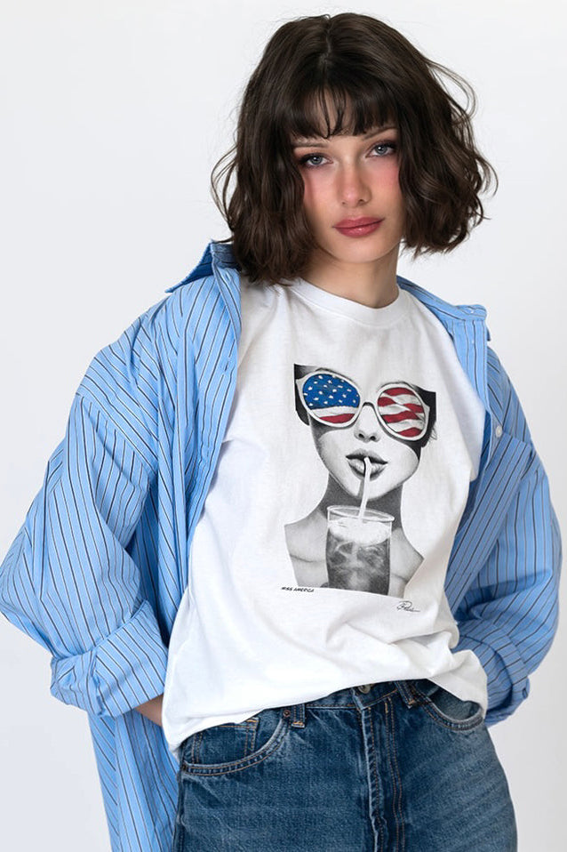White graphic tee with face wearing star-spangled hat print