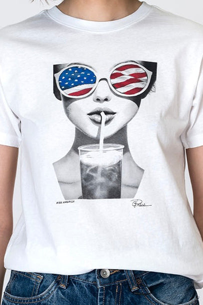 White crewneck tee with close-up sunglasses face and milkshake graphic