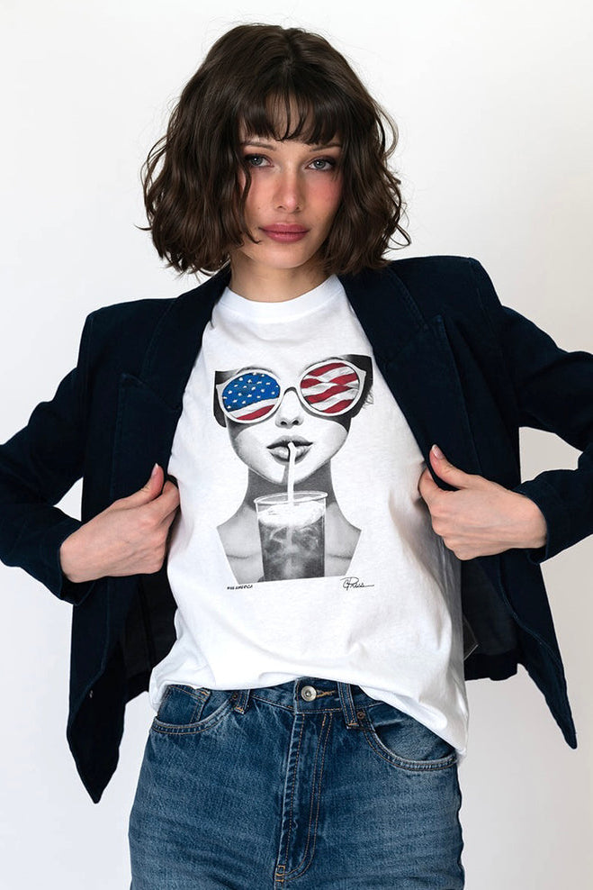 White crewneck graphic tee with American flag sunglasses face and milkshake