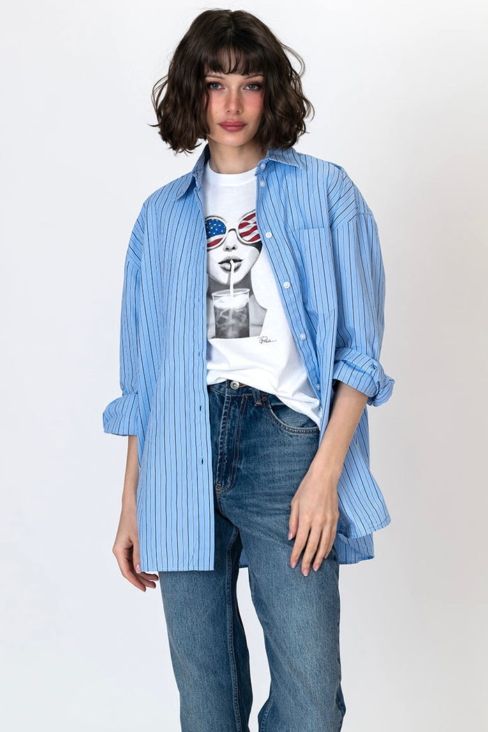 White crewneck graphic tee with sunglasses face and milkshake print