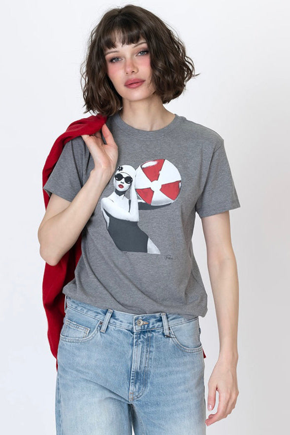 Grey heather short-sleeve T-shirt with panda-woman graphic and red-white ball print