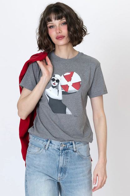 Grey heather short-sleeve T-shirt with panda-woman graphic and red-white ball print