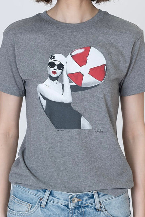 Grey heather crew-neck T-shirt with panda-woman graphic and red-white ball print close-up