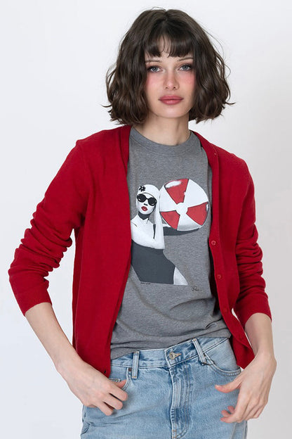 Grey heather T-shirt with panda-woman graphic and red-white ball print, crew neck