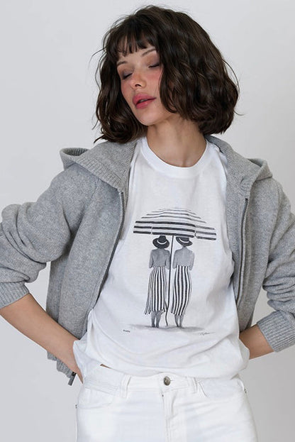 Shade Mushie tee in worn white with two figure graphic under striped arch