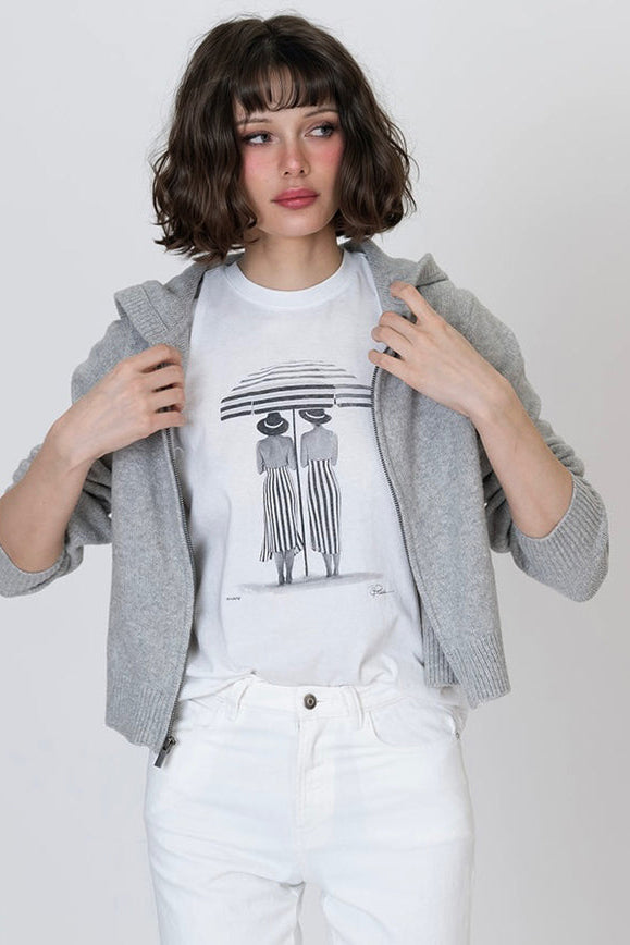 Shade Mushie tee, worn white, front graphic of two people beneath striped canopy