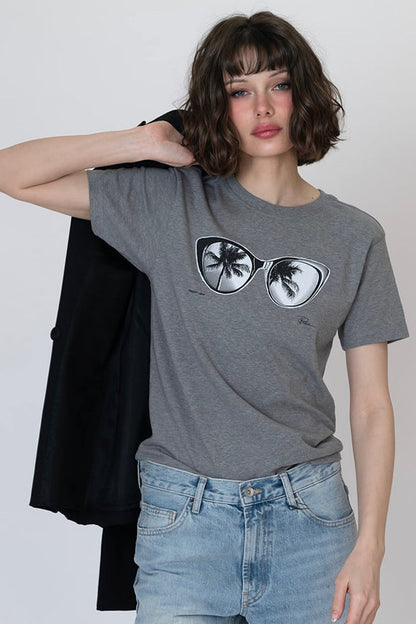 Heather gray T-shirt with palm-eye sunglasses graphic, short sleeves