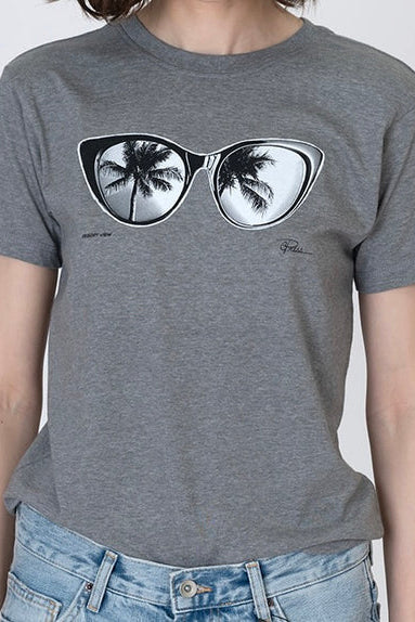 Heather gray T-shirt with sunglasses-and-palm print at chest