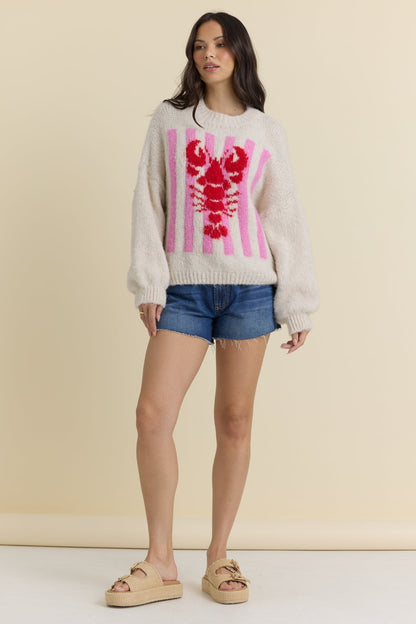 pink & red lobster print on ecru sweater