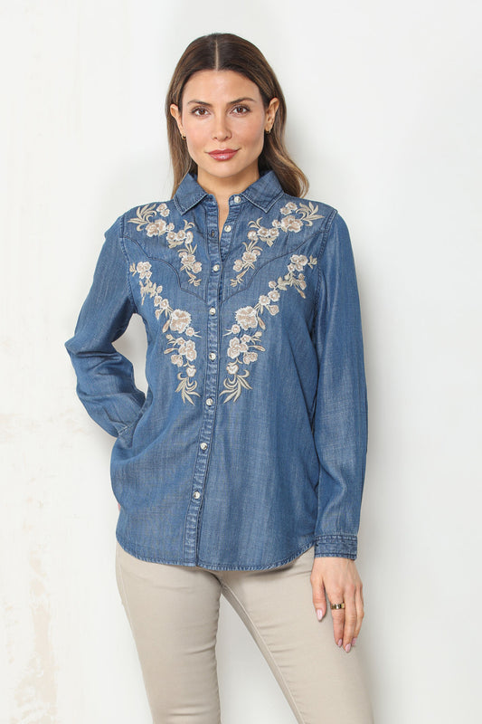 Dark wash denim western shirt with front embroidery, button front, long sleeves