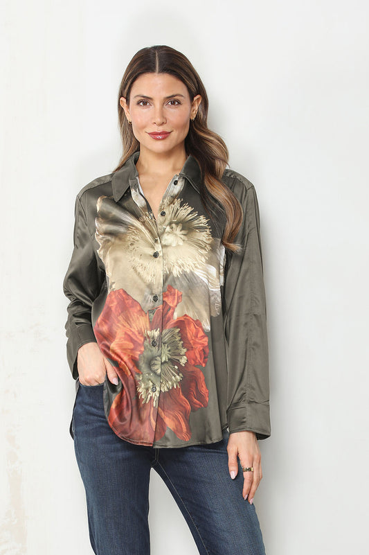 Floral button-front collar shirt, dark satin with long sleeves and multicolor floral front