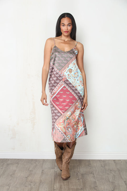 Multicolor patchwork satin A-line dress with spaghetti straps and scoop neckline, full length