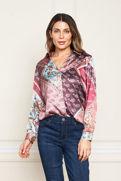 Multicolor patchwork satin button-front shirt, long sleeves, V-neck.
