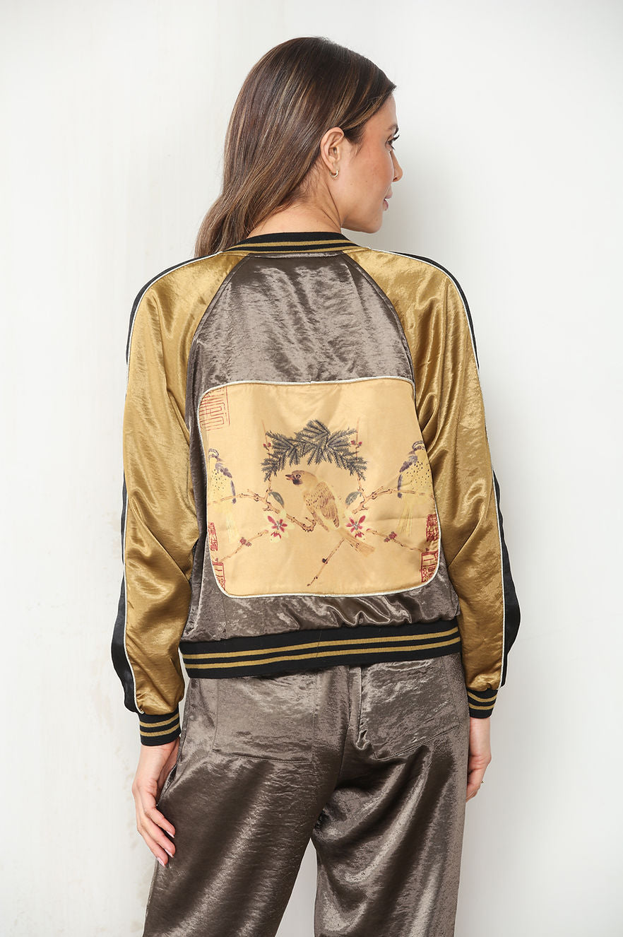 RVRSBLE PATCHWORK SATIN BOMBER