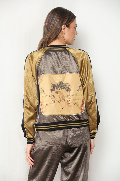 RVRSBLE PATCHWORK SATIN BOMBER
