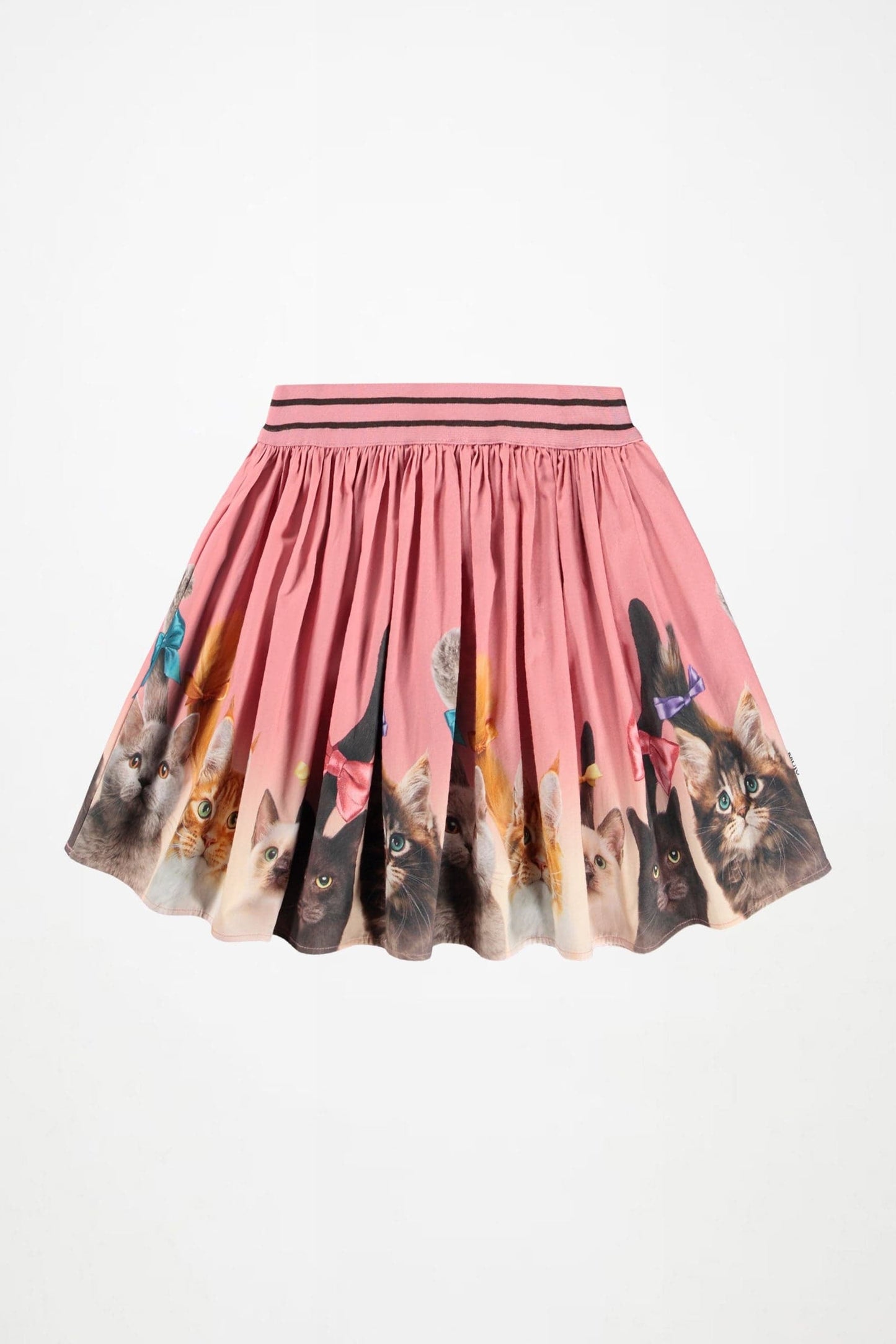 A pink pleated mini skirt featuring a printed pattern of various cat faces around the hem, with a matching pink elastic waistband accented by thin black stripes.