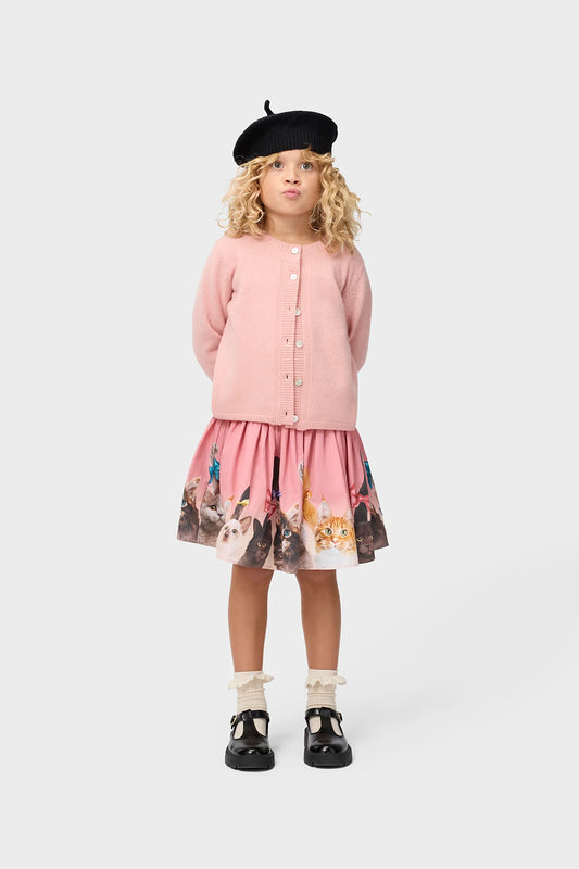 Brenda skirt, dusty pink kids skirt with elastic waist and gathered cat print