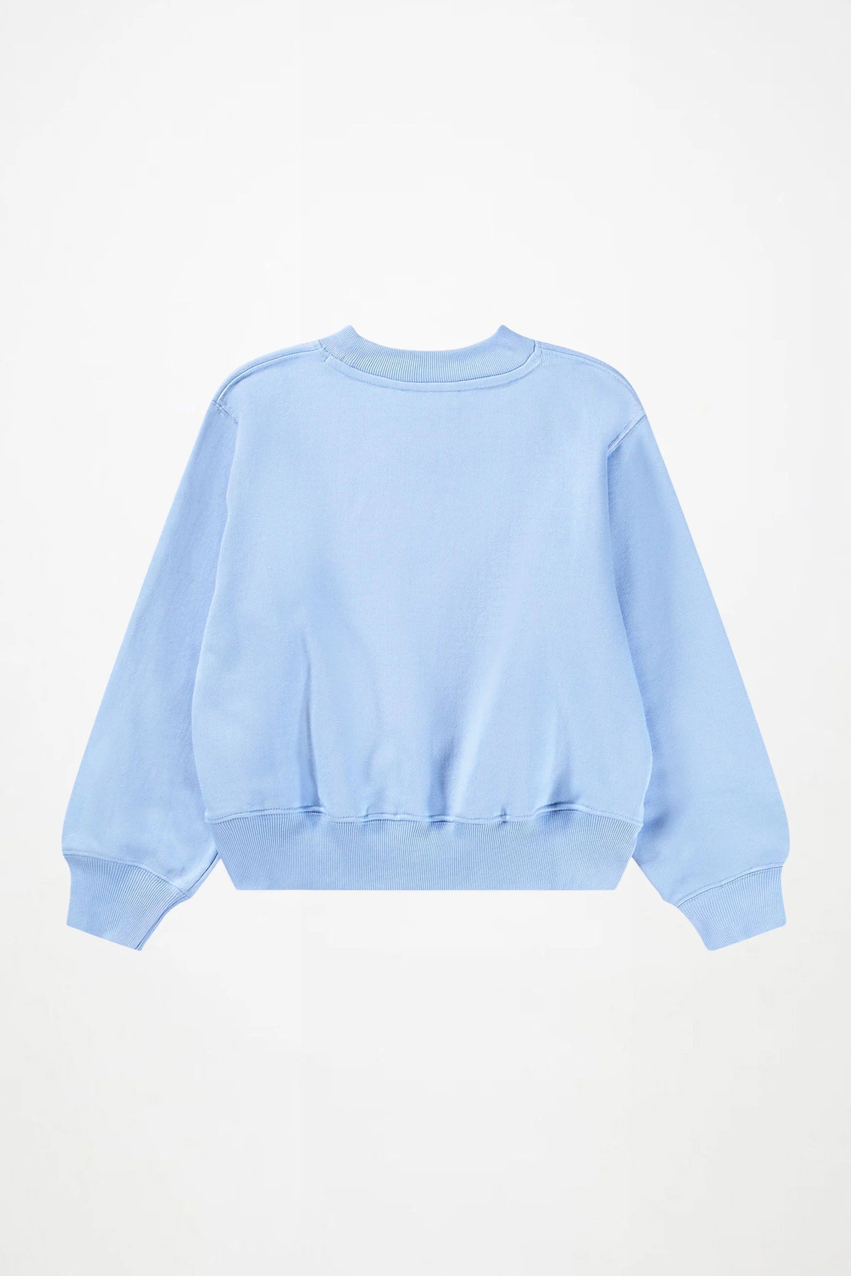 A light blue crewneck sweatshirt shown from the back, laid flat against a clean white background.