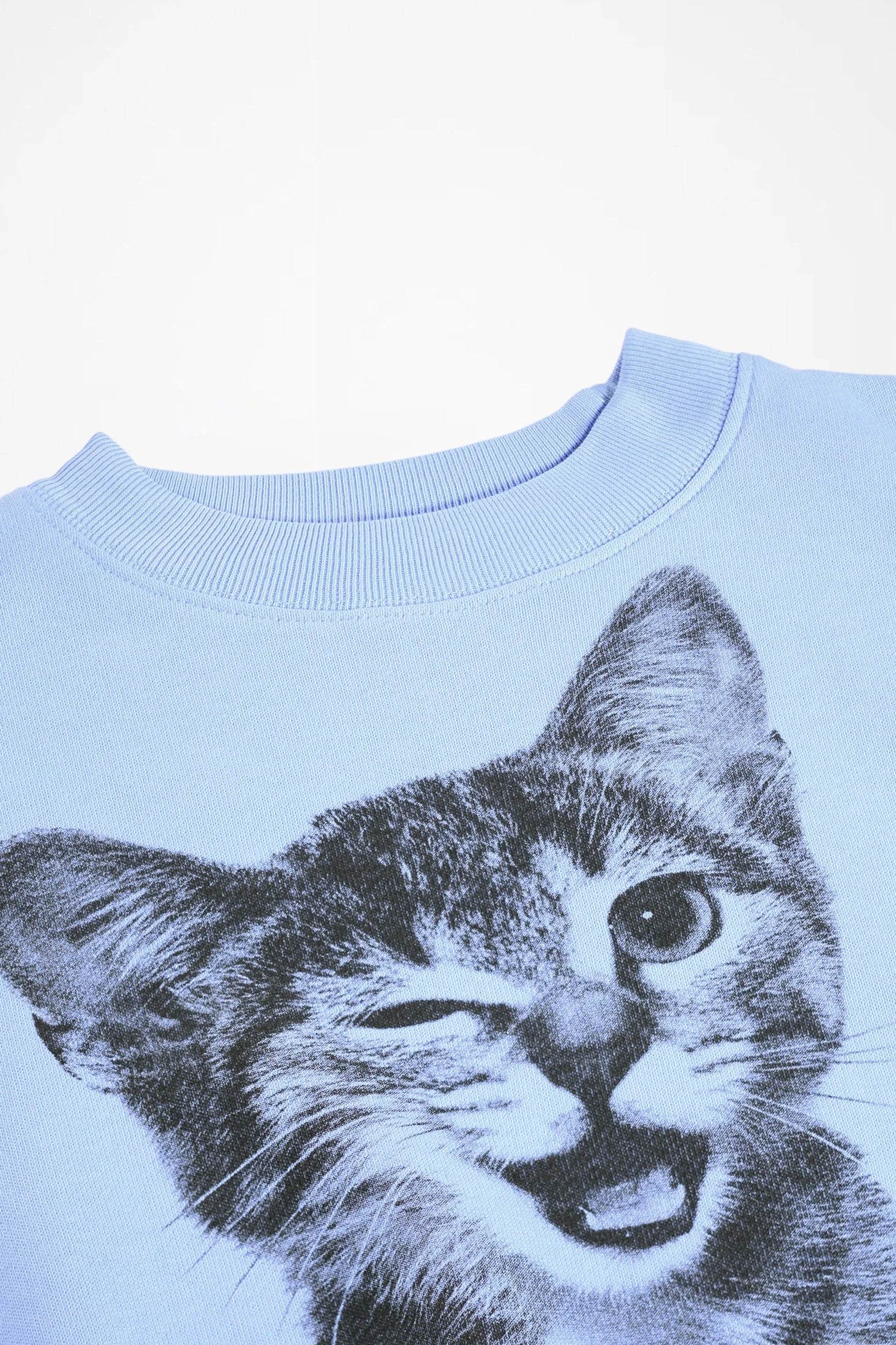 A close-up of a light blue crewneck sweatshirt featuring a large black and white graphic print of a cat's face on the front.