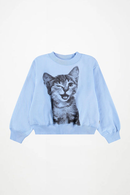 A light blue crewneck sweatshirt featuring a large graphic print of a winking tabby kitten on the front, displayed against a clean white background.