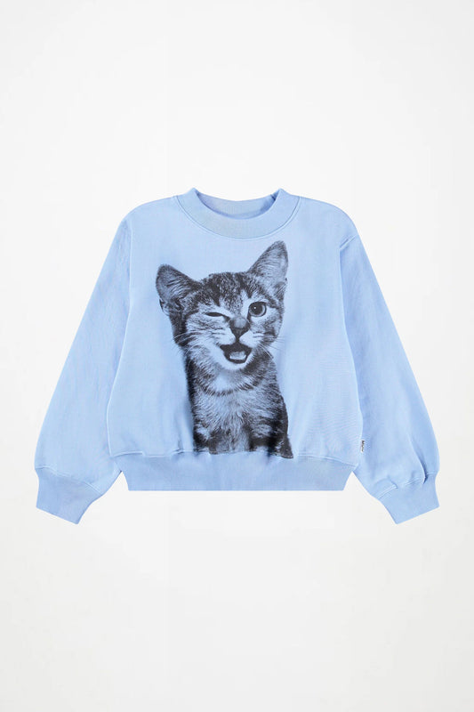 Light blue crewneck sweatshirt with large gray cat face graphic on front
