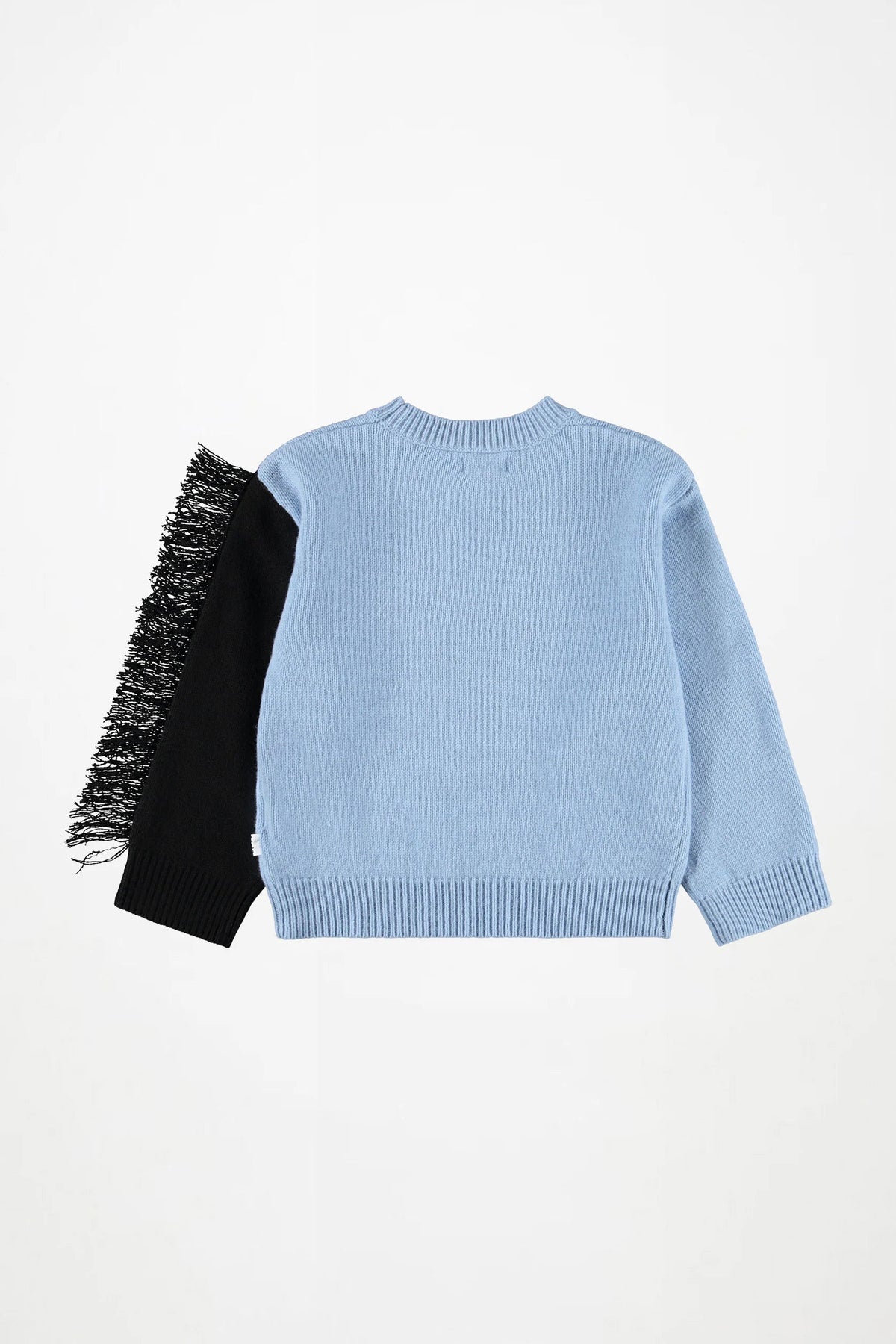Light blue knit sweatshirt with crew neck, ribbed cuffs, and penguin graphic on front