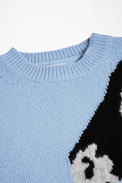 Light blue knit sweatshirt close-up with ribbed crew neck and penguin graphic detail