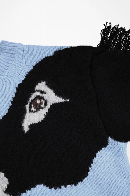 Light blue sweatshirt with large black penguin face graphic on the front